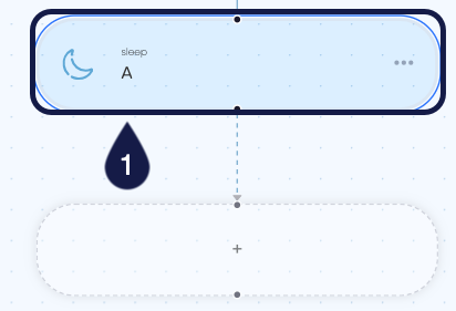 The image shows a visual workflow diagram with a single process block added. This block is an elongated, rounded rectangle labeled sleep and named A. It features a crescent moon icon on the left, which universally represents a sleep or delay function. The block is highlighted with a dark blue border. A large number 1 is positioned just below the block, pointing to it as the focus of the current action.