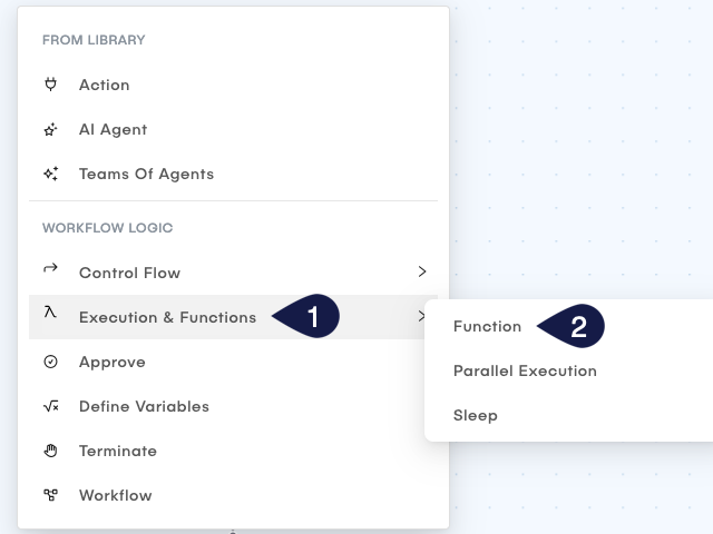 This interface explicitly displays the selection of Execution and Functions (1) under Workflow Logic, opening the submenu where Parallel Execution is available for selection