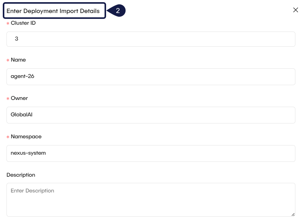Enter Deployment Import Details modal window shown with required fields